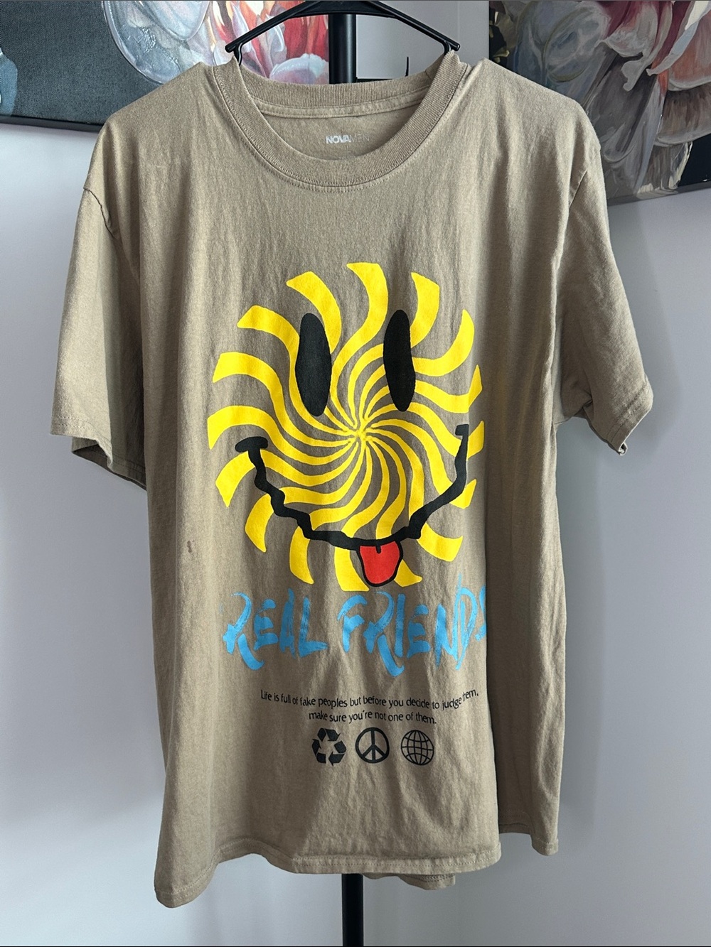 Khaki Short Sleeve Graphic Tee with Yellow Spiral Smiley